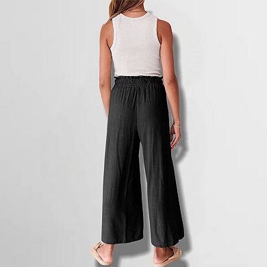 Women's Solid Color Ankle Pants Drapey Casual Beach Trousers with Drawstring Waist