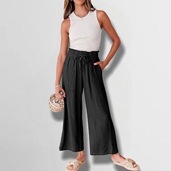 Women's Solid Color Ankle Pants Drapey Casual Beach Trousers with Drawstring Waist