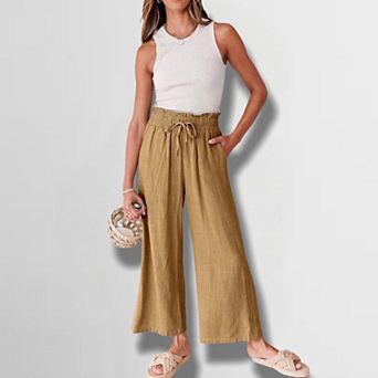 Women's Solid Color Ankle Pants Drapey Casual Beach Trousers with Drawstring Waist