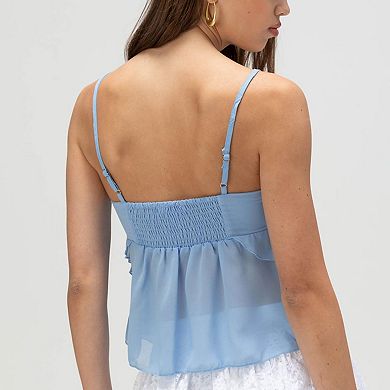 Women's Short Ruffle Hem Camisole with Front Tie Asymmetric Bottom Sleeveless Casual Summer Top