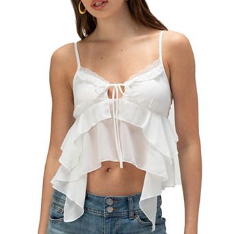 Women's Short Ruffle Hem Camisole with Front Tie Asymmetric Bottom Sleeveless Casual Summer Top