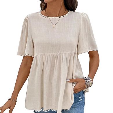 Womens Lace Trim Crewneck Short Sleeve Babydoll Blouse Top
