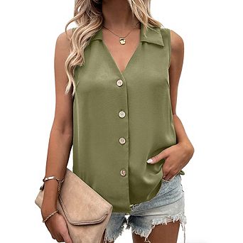 Women's V Neck Lapel Loose Fit Chiffon Shirt Sleeveless Button Down Tank Top Blouse