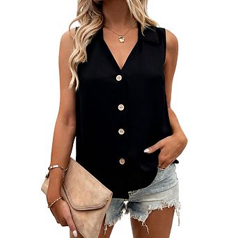 Women's V Neck Lapel Loose Fit Chiffon Shirt Sleeveless Button Down Tank Top Blouse