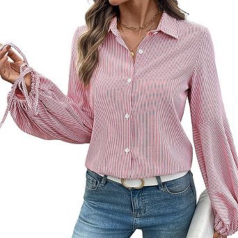 Womens Striped Panel Blouse Collar Button Puff Sleeve Shirt