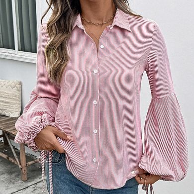 Womens Striped Panel Blouse Collar Button Puff Sleeve Shirt