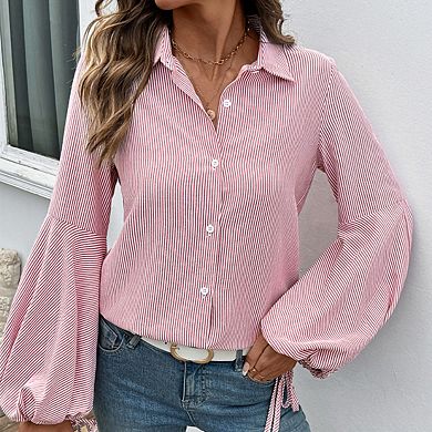 Womens Striped Panel Blouse Collar Button Puff Sleeve Shirt