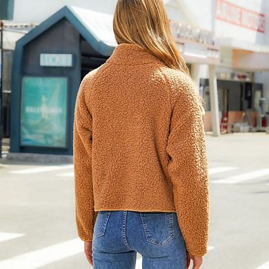 Women's Plush Zip Up Jacket High Neck Long Sleeve Fleece Lined Coat