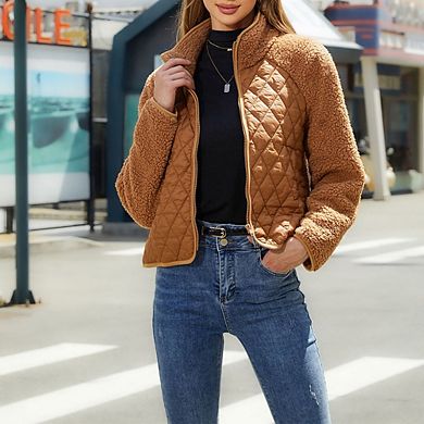 Women's Plush Zip Up Jacket High Neck Long Sleeve Fleece Lined Coat