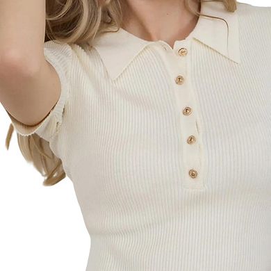 Womens Ribbed Collar Button Knit Short Sleeve Slim Fit Pullover Top