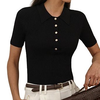 Womens Ribbed Collar Button Knit Short Sleeve Slim Fit Pullover Top