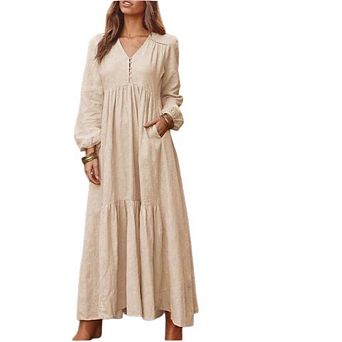Women's Boho Maxi Dress V-Neck Long Sleeve Flowy Beach Dress with Pockets and Buttons