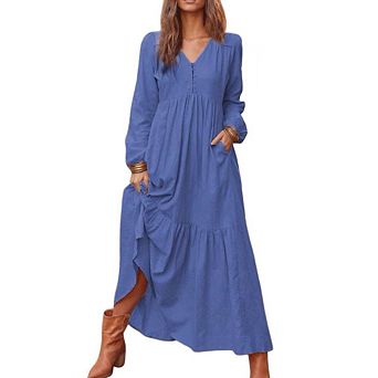 Women's Boho Maxi Dress V-Neck Long Sleeve Flowy Beach Dress with Pockets and Buttons