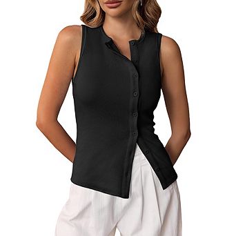 Women's Sleeveless Button Down Cardigan Casual Side Slit Open Front Cover Up Tank Top
