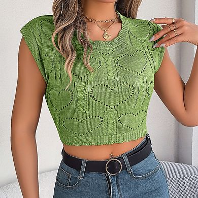 Womens Crewneck Short Sleeve Heart Cutout Cropped Knit Top