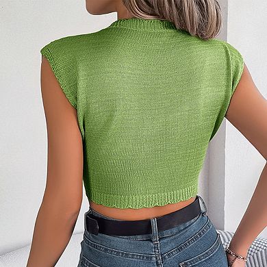 Womens Crewneck Short Sleeve Heart Cutout Cropped Knit Top