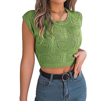 Womens Crewneck Short Sleeve Heart Cutout Cropped Knit Top