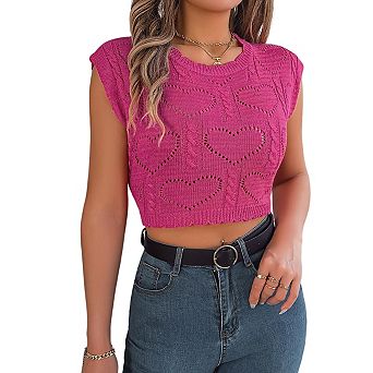 Womens Crewneck Short Sleeve Heart Cutout Cropped Knit Top