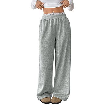 Womens Lace Panel Waist Casual Straight Leg Long Pants Sweatpants