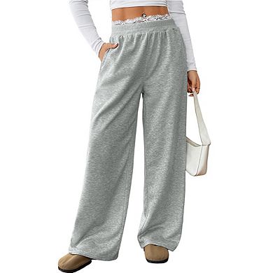 Womens Lace Panel Waist Casual Straight Leg Long Pants Sweatpants