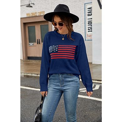 Women's Flag Pattern Long Sleeve Round Neck Sweater Casual Loose Pullover Sweater