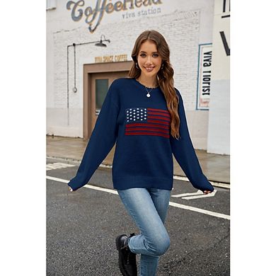 Women's Flag Pattern Long Sleeve Round Neck Sweater Casual Loose Pullover Sweater