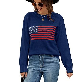 Women's Flag Pattern Long Sleeve Round Neck Sweater Casual Loose Pullover Sweater