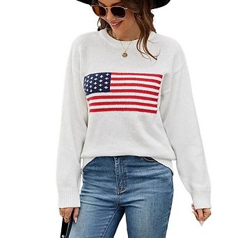 Women's Flag Pattern Long Sleeve Round Neck Sweater Casual Loose Pullover Sweater