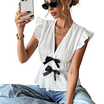 Women's V-Neck Peplum Blouse with Bows Ruffled Short Sleeves Shirt