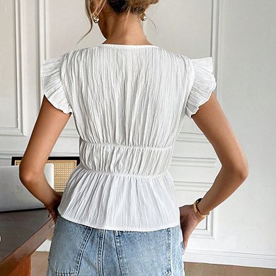 Women's V-Neck Peplum Blouse with Bows Ruffled Short Sleeves Shirt