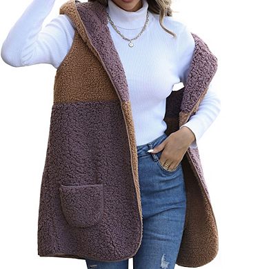 Womens Plush Hooded Sleeveless Color Block Pocket Midi Cardigan Coat