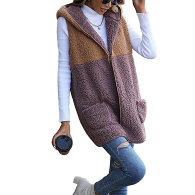 Womens Plush Hooded Sleeveless Color Block Pocket Midi Cardigan Coat