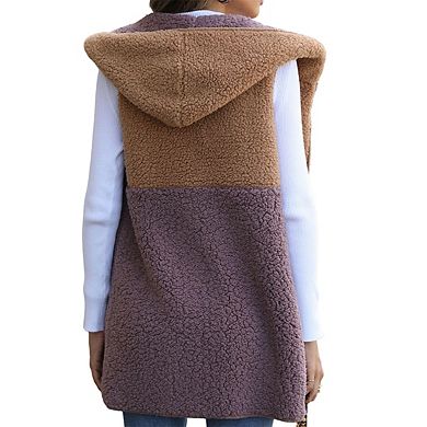 Womens Plush Hooded Sleeveless Color Block Pocket Midi Cardigan Coat