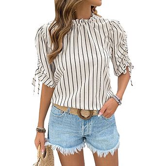 Womens Casual Mock Neck Striped Short Sleeve Shirt Drawstring Cuff Tops