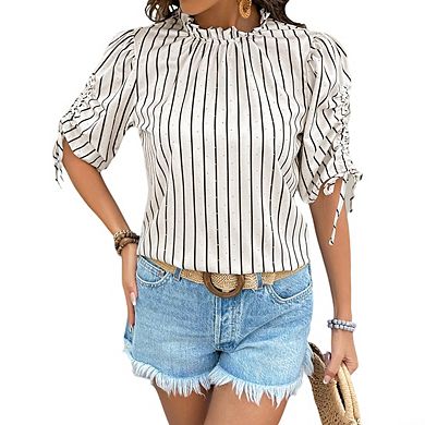 Womens Casual Mock Neck Striped Short Sleeve Shirt Drawstring Cuff Tops
