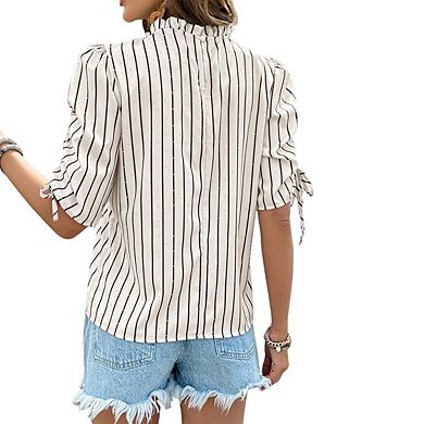 Womens Casual Mock Neck Striped Short Sleeve Shirt Drawstring Cuff Tops