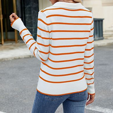 Women's Striped Long Sleeve Knit Top Polo Collar Pullover Sweater