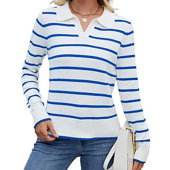 Women's Striped Long Sleeve Knit Top Polo Collar Pullover Sweater