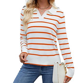 Women's Striped Long Sleeve Knit Top Polo Collar Pullover Sweater