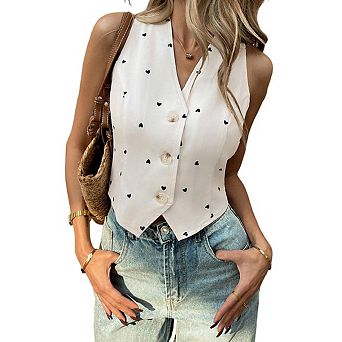 Womens Cropped Button Vest Heart Print Elegant Slimming Cardigan Top