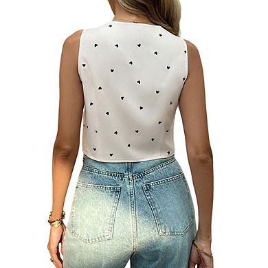 Womens Cropped Button Vest Heart Print Elegant Slimming Cardigan Top