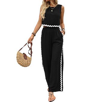 Women's Sleeveless Crop Top & Wide Leg Pants Two Piece Set with Scalloped Trim