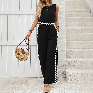 Women's Sleeveless Crop Top & Wide Leg Pants Two Piece Set with Scalloped Trim