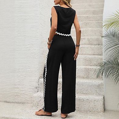 Women's Sleeveless Crop Top & Wide Leg Pants Two Piece Set with Scalloped Trim