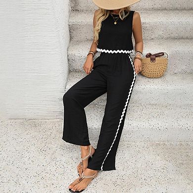 Women's Sleeveless Crop Top & Wide Leg Pants Two Piece Set with Scalloped Trim