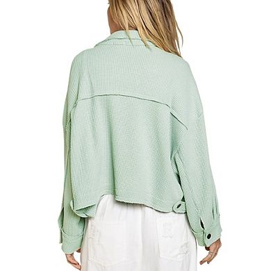 Women's Fashion Cropped Shacket Button Down Waffle Jackets Casual Long Sleeve Coat Tops