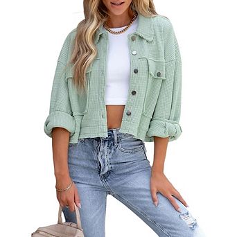 Women's Fashion Cropped Shacket Button Down Waffle Jackets Casual Long Sleeve Coat Tops