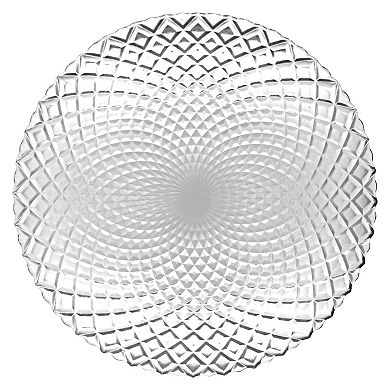 Clear Glass Dinner Plate Set of 6, 10.5-Inch Round with Diamond Pattern and Peacock Detail