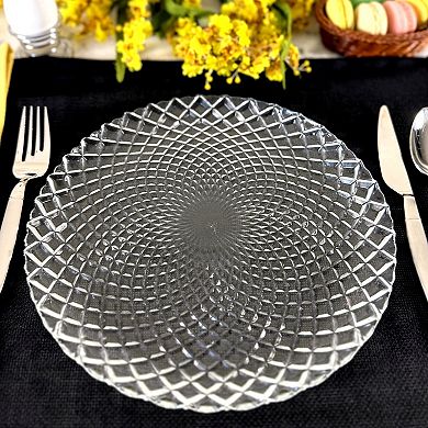 Clear Glass Dinner Plate Set of 6, 10.5-Inch Round with Diamond Pattern and Peacock Detail