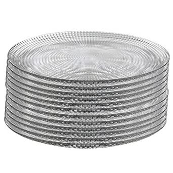 Clear Glass Dinner Plate Set of 12, 10.75-Inch Round Swirl Design with Beaded Edge